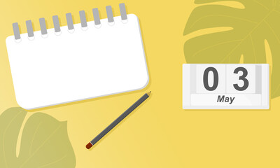 Calendar card, palm leaves, concept planning. Event reminder for the task and to do list. Project deadline or significant date. Paper sheet for planning tasks. Top view. Place your text. May 3.