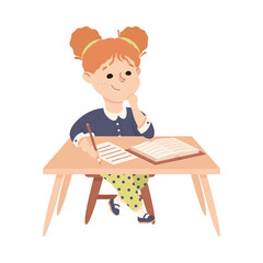 Little Redhead Girl Pupil Sitting at Table with Book Engaged in Elementary Education Vector Illustration