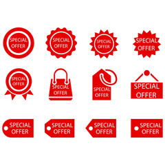 Sale red plates, stickers of various forms of red color, set of red plates sale vector graphics eps10