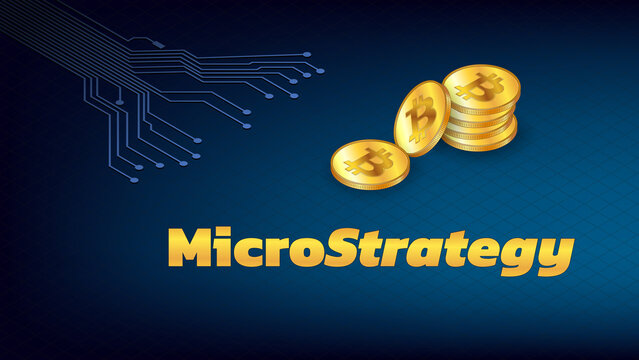 Banner MicroStrategy Incorporated with stack of isometric golden coins BTC and PCB tracks on dark blue background. Company buys bitcoins and other digital coins and pushes market up.