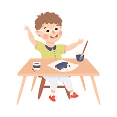 Fototapeta na wymiar Little Boy Pupil Sitting at Table with Paint Brush Engaged in Elementary Education Vector Illustration