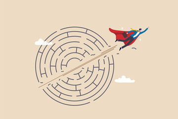Breakthrough obstacle or problem with creativity, leadership determination to overcome difficulty and progress to success concept, businessman superhero flying breakthrough difficult maze labyrinth. © Nuthawut