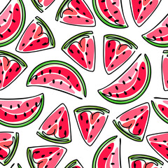 Cute seamless pattern for different kinds of printing. Sweet, juicy slices of watermelon. The doodles are drawn in black in a line with colored spots.