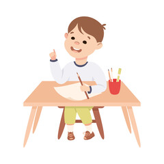 Little Boy Pupil Sitting at Table with Paper and Pencil Engaged in Elementary Education Vector Illustration