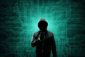 Hacker over Abstract Digital Background with Elements of Binary Code and Computer Programs. Concept of Data thief, internet fraud, darknet and cyber security.