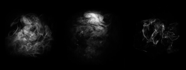 Smoke over black background. Fog or steam abstract texture collage. Set collection.