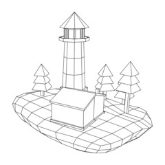 Obraz na płótnie Canvas Lighthouse on rock stones island landscape. Navigation Beacon building. Wireframe low poly mesh vector illustration.