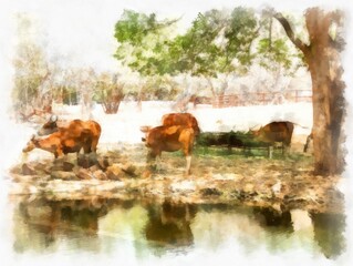 a herd of wild deer drinking water watercolor style illustration impressionist painting.