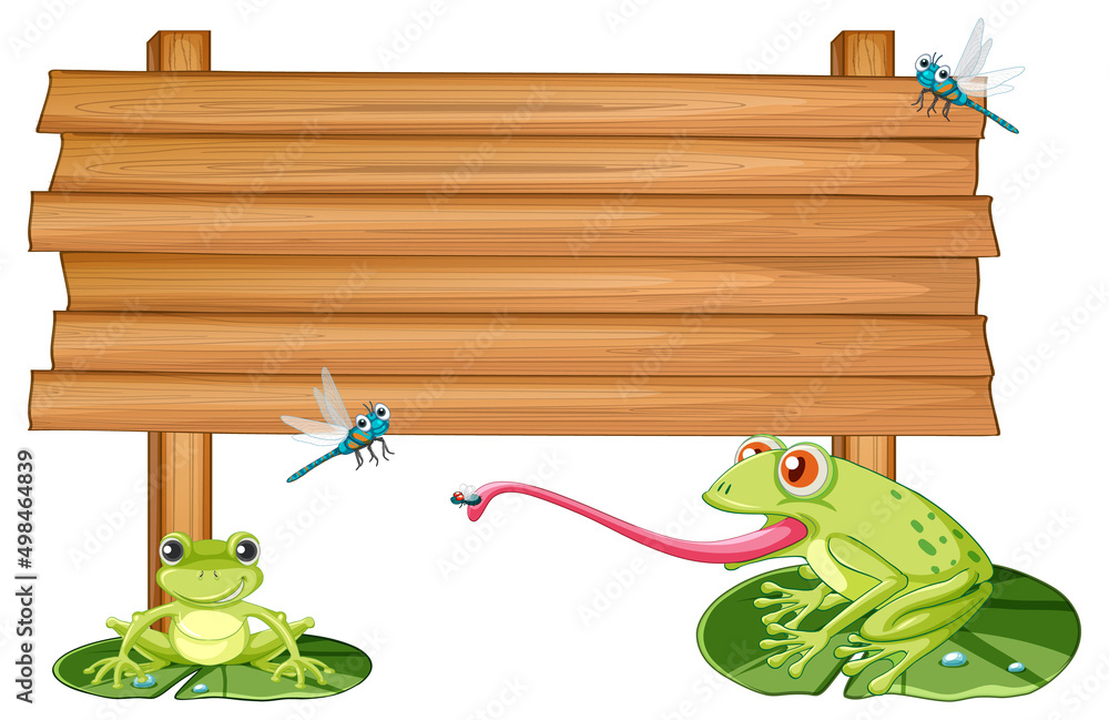 Wall mural blank wooden signboard with frogs