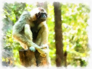 gibbon on a log watercolor style illustration impressionist painting.