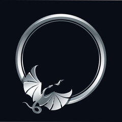 Circle frame with rising flying Dragon breathing fire. Art in silver and black colors. Vector illustration. Works well as label, icon, emblem, design element, print, mascot. Empty space for your text