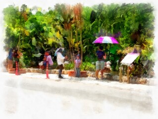 people walking in the park watercolor style illustration impressionist painting.