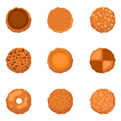Set of cookies different forms on white background. Vector illustration of pastries with delicious toppings for holidays in cartoon style.
