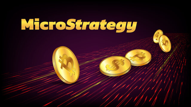 Banner MicroStrategy Incorporated with coins of Bitcoin BTC and Dollars USD on dark road from digits. Company that buys bitcoins and other digital coins and pushes market up.