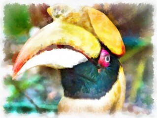 Hornbill head watercolor style illustration impressionist painting.