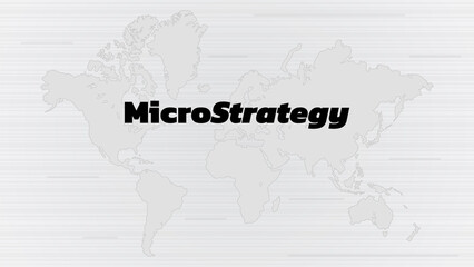 Banner MicroStrategy Incorporated with world map on white background. Company that buys bitcoins and other digital coins and pushes market up.
