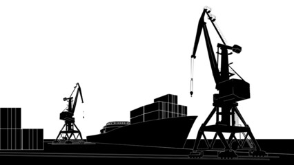 Silhouette commercial port with container ship at the pier and cargo cranes.