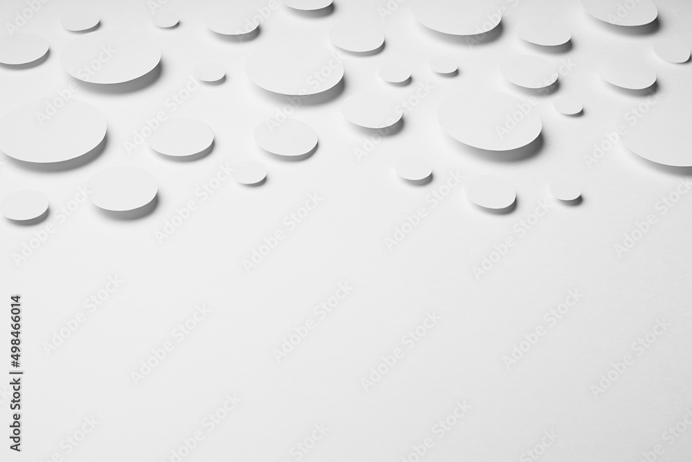 Poster airy softness abstract pattern of soar white paper ovals different size in soft light, border, copy 