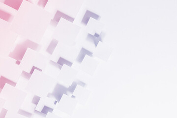 Obraz premium Geometric pattern with flying squares in trendy color - very peri, pink, white gradient in bright light with soft shadows, top view, border, copy space. Futuristic abstract background.
