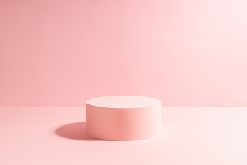 Elegant pastel pink circle single podium mockup in sunlight with shadow on soft light sunny...