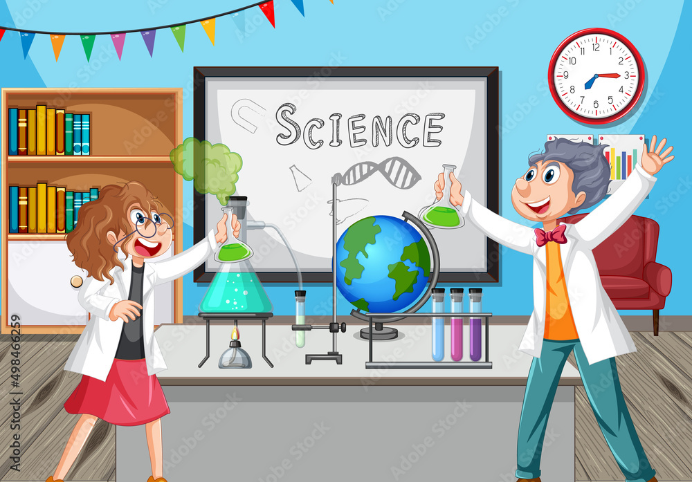 Wall mural classroom scene with scientist doing experiment