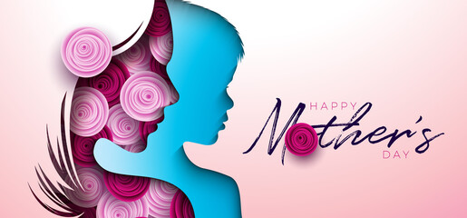 Happy Mother's Day Greeting Card Design with Rose Flower in Woman Face and Child Silhouette on Light Pink Background. Vector Mothers Day Illustration for Banner, Flyer, Invitation, Brochure, Poster.