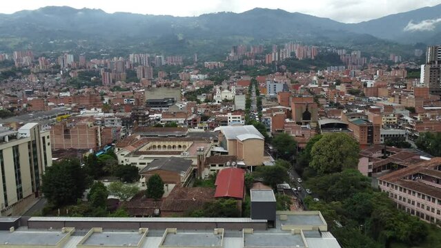 Aerial drone pushes in on Envigado town, Columbia, South America.
