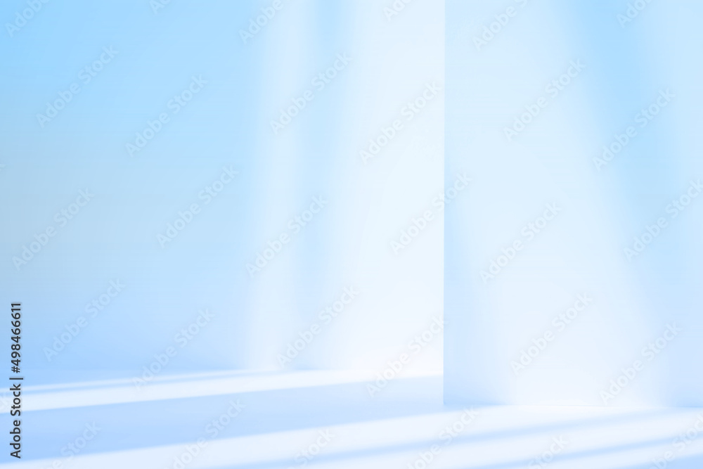 Poster Abstract blue studio background for product presentation. Empty room with shadows of window. Display product with blurred backdrop.