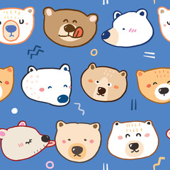 Seamless Childish Pattern with Hand Drawn Cartoon Bear Face Design on Blue Background