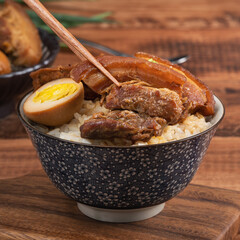 Braised pork belly over cooked rice, famous and delicious street food in Taiwan.