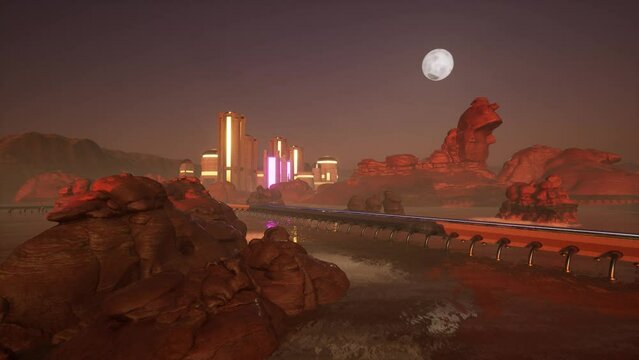 Sci-fi, cyberspace, dystopian, roadway within forsaken scenery, and tall buildings with neon lights at the far end, with bright moon 3D animation