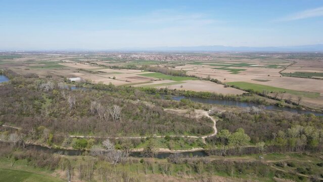 Aerial view of Chepelarska River, pouring into the Maritsa River near city of Plovdiv, Bulgaria