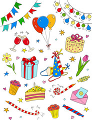 Color vector doodle illustrations of elements for a holiday, parties, birthday isolated on a white background. A set of decorations and items for a party, celebration
