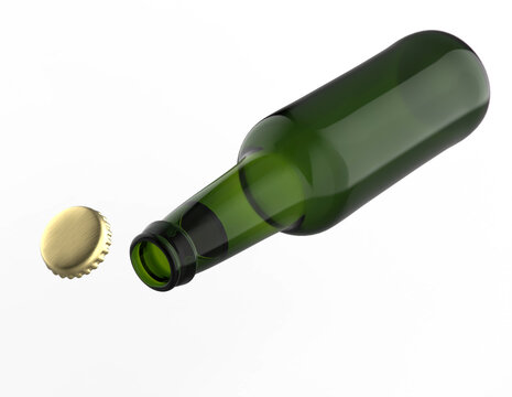 Image of a tilted green beer bottle  open on white background.