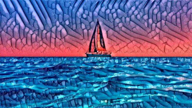 Artistic painted animation of small yacht boat sailing at sunset. Digital art concept
