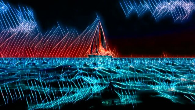 Artistic glow colored lines animation of small yacht boat sailing at sunset. Digital art concept
