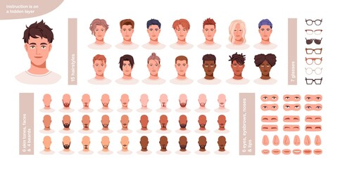 Male character face construction. Man avatar creation kit. Generator, constructor of diverse hairstyles, skin, eyes, lips, brows set. Colored flat vector illustration isolated on white background - obrazy, fototapety, plakaty