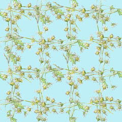Watercolorseamless pattern with pastel small flowers chamomile drawn by hand. Сellular ornament on a bright blue background.