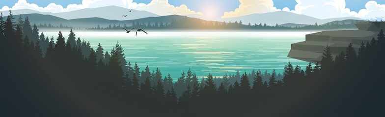 Vector illustration of a mountain landscape. Lake with mountains, pine forest in fog. Mountain scenery in the morning and evening.