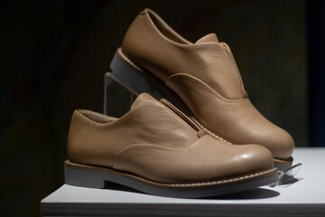 Leather shoes of beige color. Boots in shop window. Clothes for men. Low-heeled shoes.