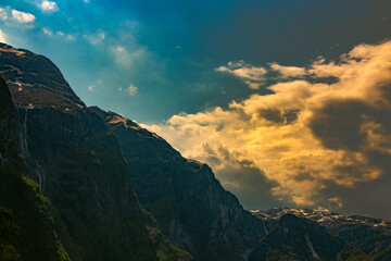 Amazing beautiful view of the Aurlandsfjord in Norway Scandinavia with snow mountains and colorful fjord