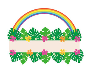 夏のイメージのバナー素材　虹のアーチとハイビスカスの花とモンステラの葉のイラスト