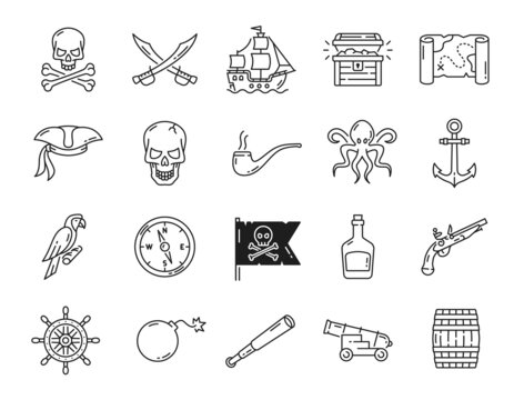 Caribbean pirates outline icons. Filibusterer ship and cannon, buccaneer captain and treasure chest, compass, anchor and jolly roger skull, sea monster, rum and corsair hat, weapon thin line icons