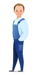 Little boy craftsman. Teen in apron. Master in workwear. Cheerful person. Standing pose. Cartoon comic style flat design. Single character. Illustration isolated on white background. Vector
