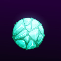 Mysterious space planet with stones and slime. Vector bizarre globe with hilly surface. Galaxy glowing star in universe. Ui game object, fantasy comet, meteor in outer space, extraterrestrial world