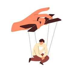 Manipulation, domination concept. Person puppet obeying to master, authority. Helpless marionette slave under control, pressure of power. Flat vector illustration isolated on white background - obrazy, fototapety, plakaty