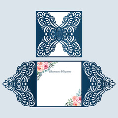 Wedding invitation Gate card with lace cutout pattern, Laser cut template, vector.