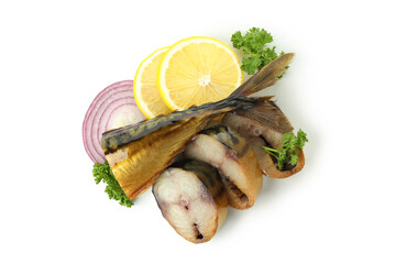 Tasty smoked mackerel isolated on white background