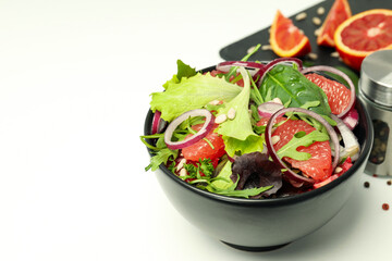 Concept of tasty food, salad with red orange, space for text