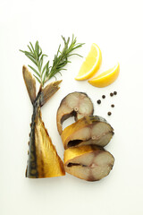 Concept of tasty food, smoked mackerel on white background